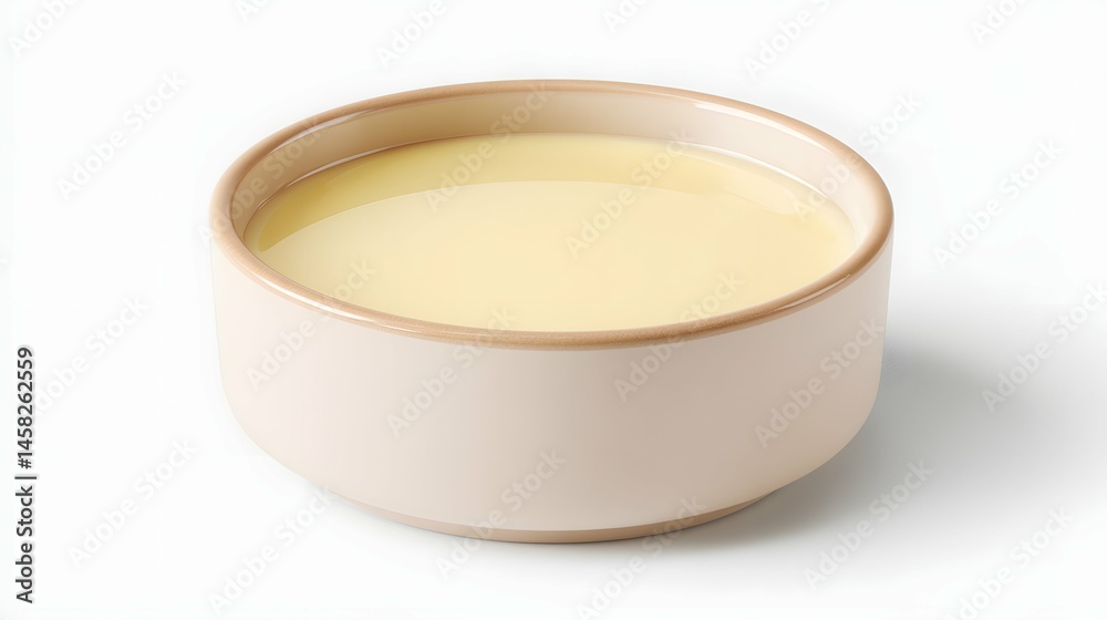Sleek, pristine ceramic bowl with rich, smooth soup for elegant menu or branding displays.