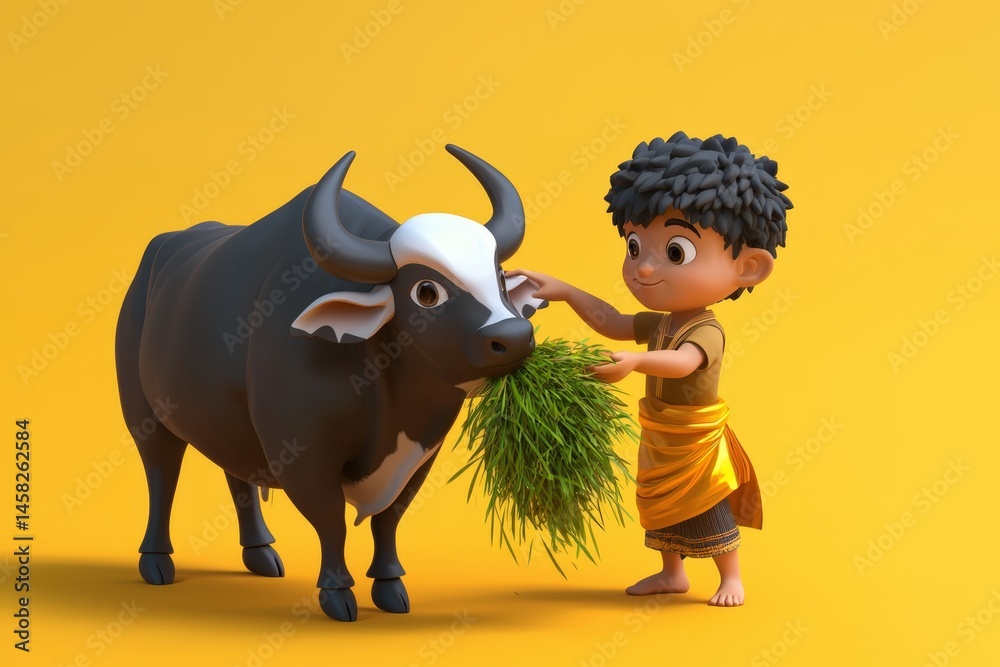 3D cartoon boy feeding grass to a black and white cow on yellow background.
