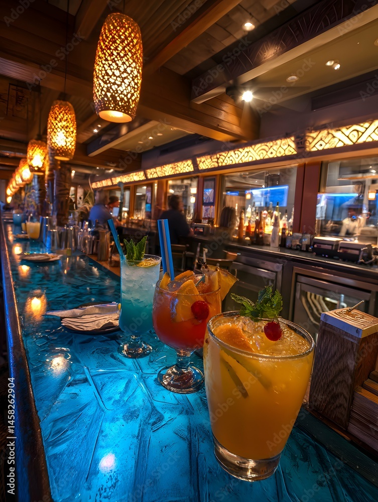 Bright neon tiki lights back up vibrant drinks with tropical touches, setting a fun, chill mood.