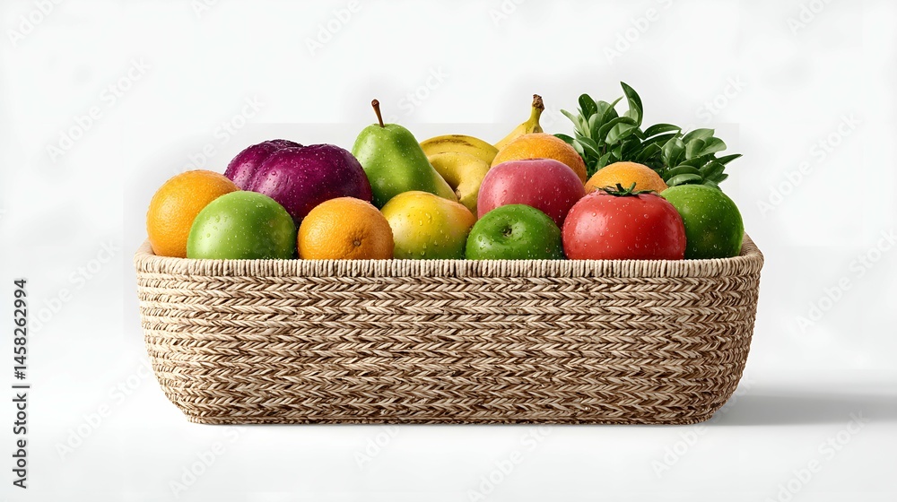 Preview of a wicker produce basket filled with fresh fruits on a white background.