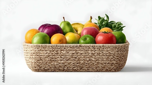Obraz na płótnie Preview of a wicker produce basket filled with fresh fruits on a white background. w salonie