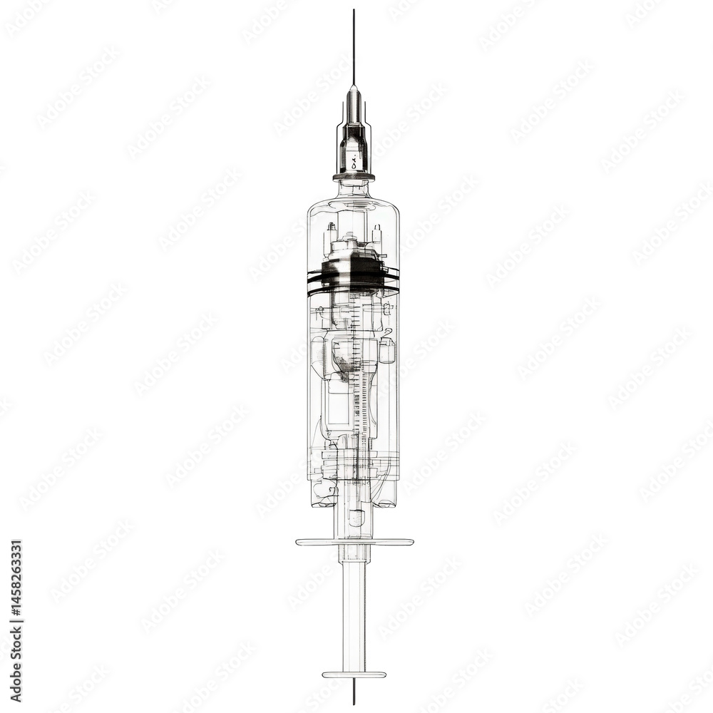 Detailed illustration of a hypodermic needle featuring internal components Isolated object Detailed illustration of a hypodermic needle featuring internal components Isolated object