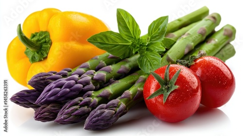 Fresh assortment of colorful vegetables including yellow bell pepper green asparagus and ripe tomatoes alongside vibrant basil leaves showcasing healthy eating and culinary inspiration