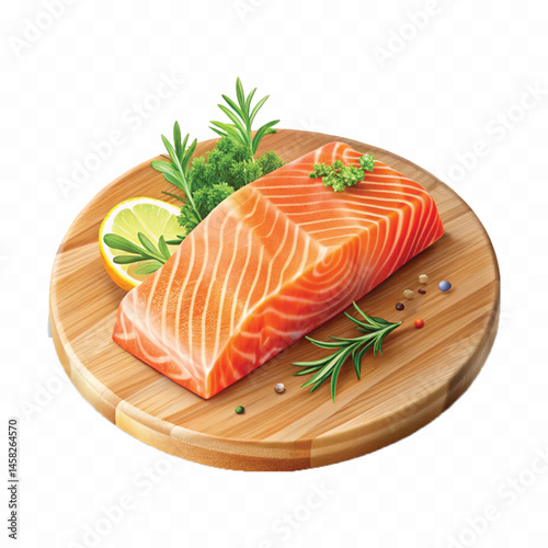 realistic slice of raw salmon on wooden board isolated white or transparent background