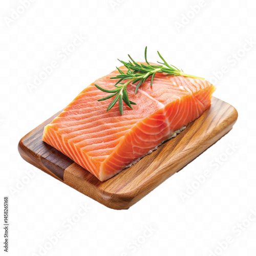 realistic slice of raw salmon on wooden board isolated white or transparent background
