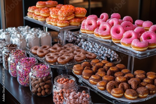 Colorful array of delightful donuts and treats at a festive dessert table in a cozy cafe setting during a joyful morning gathering
