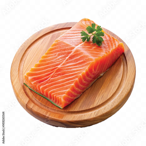 realistic slice of raw salmon on wooden board isolated white or transparent background