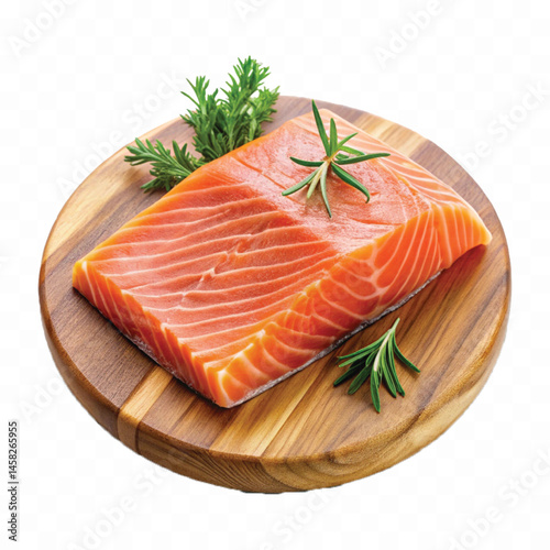 realistic slice of raw salmon on wooden board isolated white or transparent background