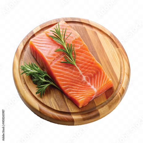 realistic slice of raw salmon on wooden board isolated white or transparent background
