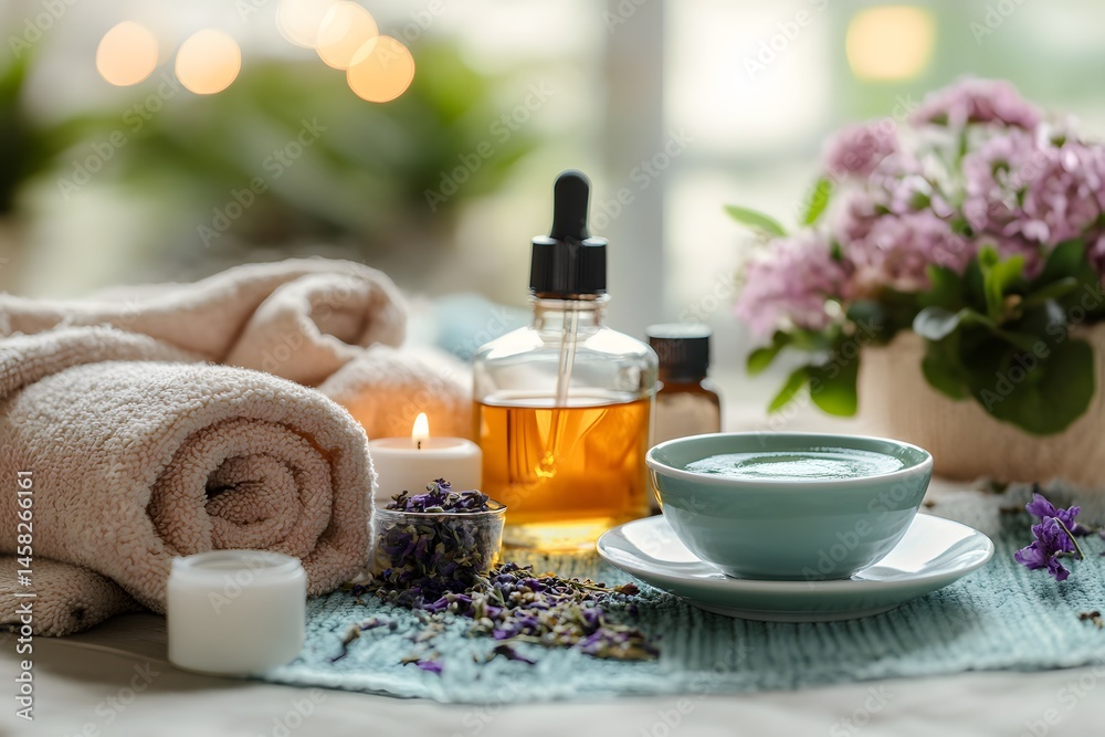 Relaxing spa setting with essential oils candles towels flowers and aromatic tea. Relaxing spa setting with essential oils candles towels flowers and aromatic tea.