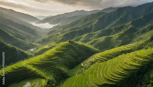 Scenic View of Lush Terrace Rice Fields in a Mountainous Landscape at Sunset