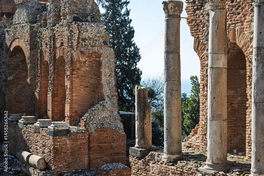 The Greek theatre of Taormina fragments, Sicily, Italy.