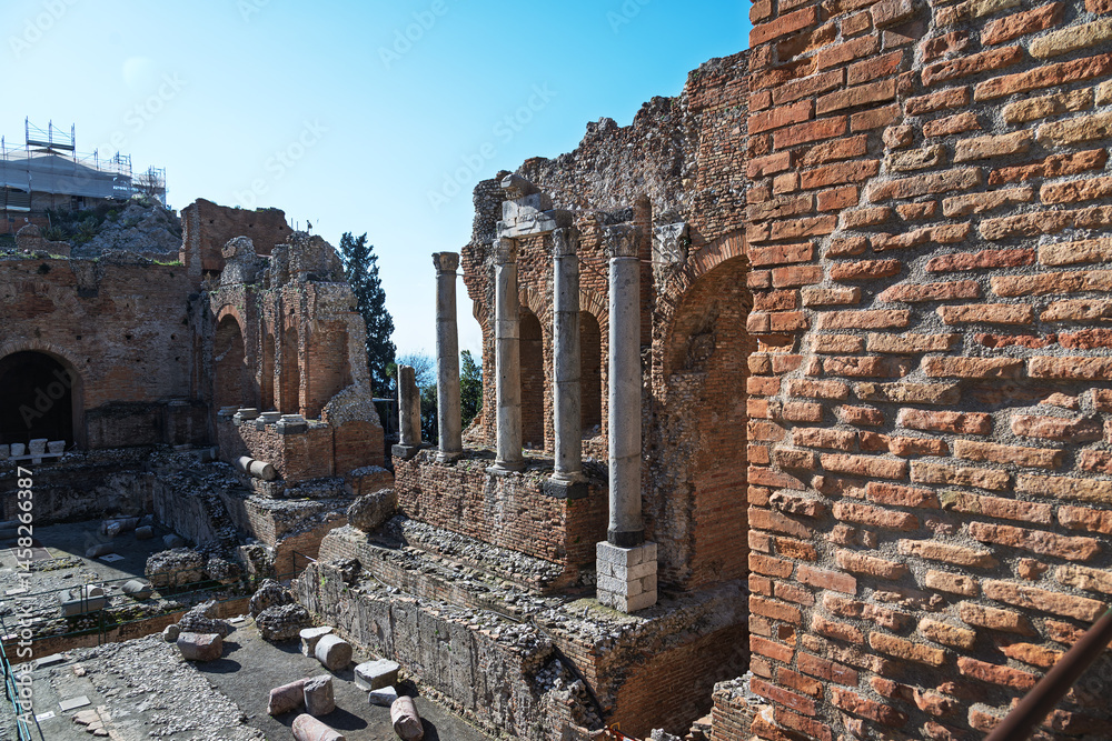 The Greek theatre of Taormina fragments, Sicily, Italy.