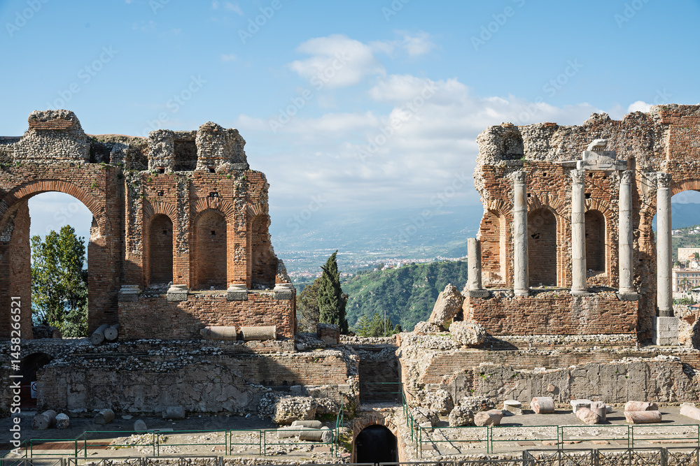 The Greek theatre of Taormina fragments, Sicily, Italy.