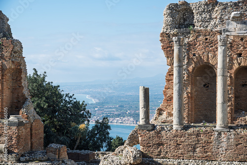 The Greek theatre of Taormina fragments, Sicily, Italy.