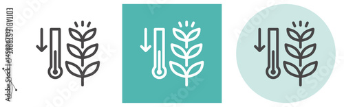 温度計と植物、CO2削減で地球温暖化防止｜ライン・アイコン　[線の編集可能]