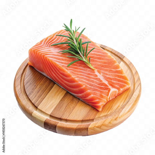 realistic slice of raw salmon on wooden board isolated white or transparent background
