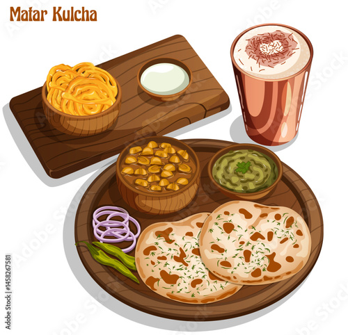 Matar Kulcha Chole Served in Wooden Thali and Board with Lassi, Condiments and Jalebi. Traditional Indian Cuisine Detailed Illustration