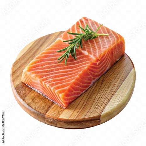 realistic slice of raw salmon on wooden board isolated white or transparent background
