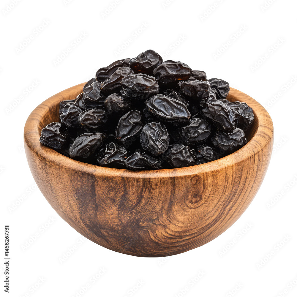 Freshly harvested black raisins in a wooden bowl against a transparent background, Black raisin on wood bowl isolated on transparent background Freshly harvested black raisins in a wooden bowl against a transparent background, Black raisin on wood bowl isolated on transparent background