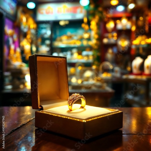 Elegant Gold Ring in Gift Box with Bangladeshi Jewelry Shop Background