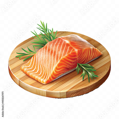 realistic slice of raw salmon on wooden board isolated white or transparent background