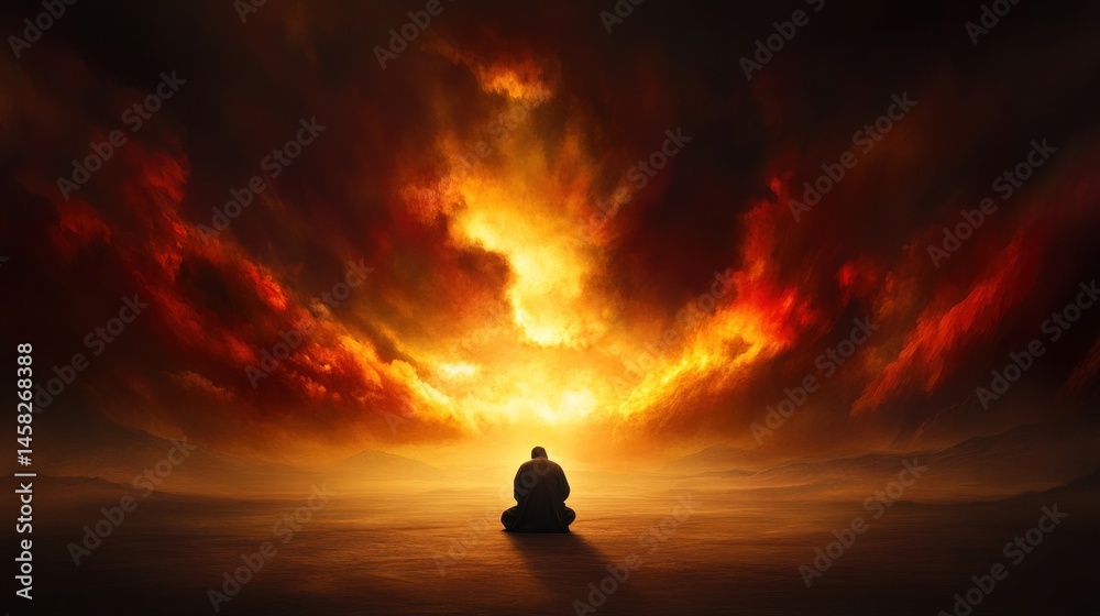 Obraz premium Solitary figure contemplating fiery sunset dramatic sky vast landscape