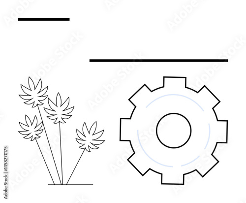 Stylized cogwheel next to flowers combining technological and natural concepts. Ideal for innovation, sustainability, environmental technology, engineering, nature-inspired design, eco-friendly
