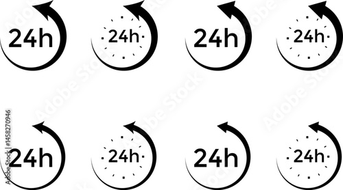 24 7 clock icon set. Work time symbol. Delivery signs. Service symbols
