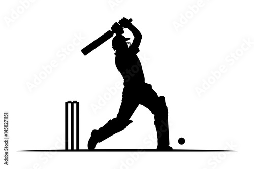 Cricket batsman silhouette hitting ball in action