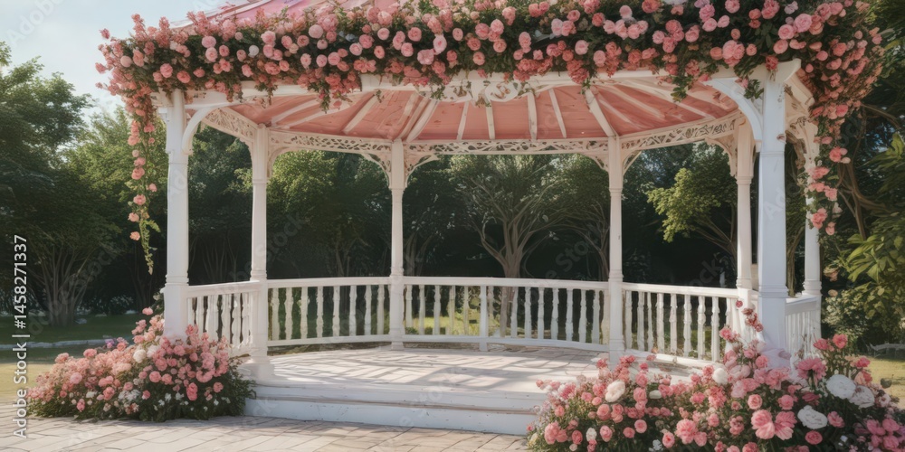 Fototapeta premium Elegant pink & white floral gazebo decorations, banners, romantic