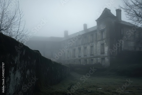 Eerie fog shrouds a dilapidated asylum, creating a haunting atmosphere and a sense of foreboding, Dilapidated asylum engulfed in fog, horror Photo background