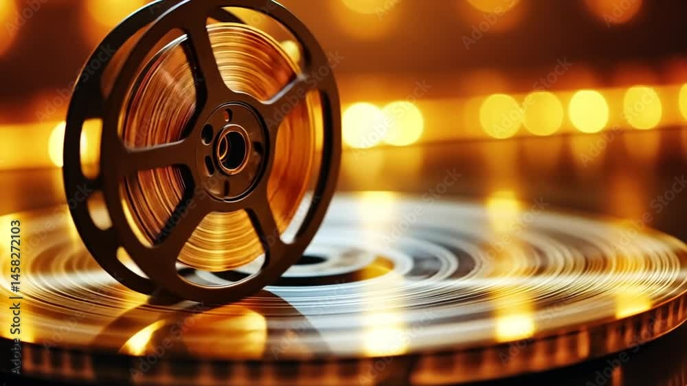 Vintage film reel on a reflective gold surface with blurred bokeh background