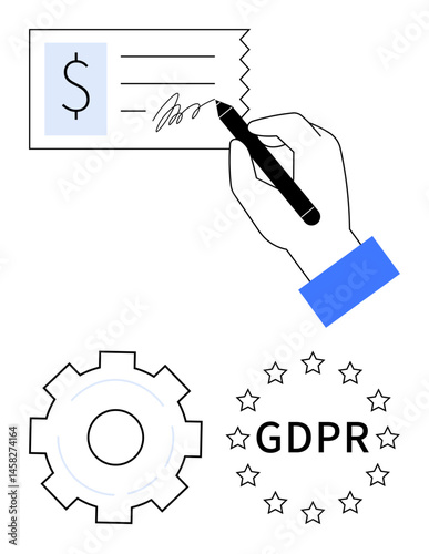 Hand signs check, gear outlines settings, GDPR surrounded by stars. Ideal for finance, legal compliance, data security, contracts, business, digital privacy simple landing page