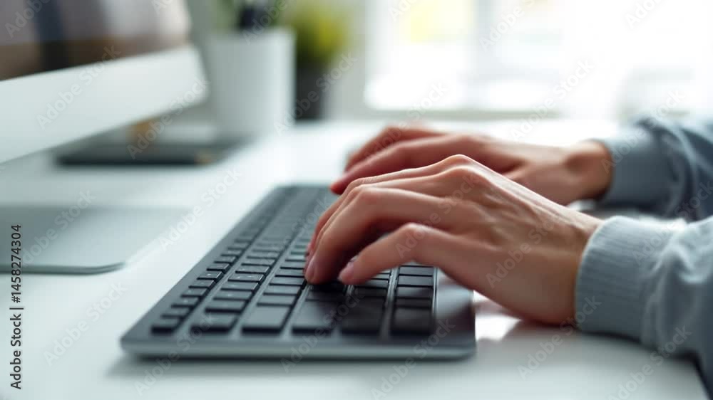 Typing on Keyboard Close Up Woman's Hands at Computer Desk Typing on Keyboard Close Up Woman's Hands at Computer Desk