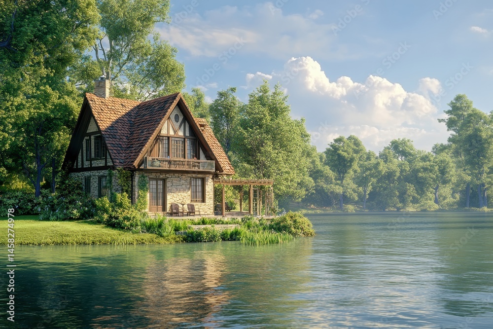 Fototapeta premium Timelapse view of a charming house by the river surrounded by lush greenery and tranquil waters, house on the river seamless virtual Photo background
