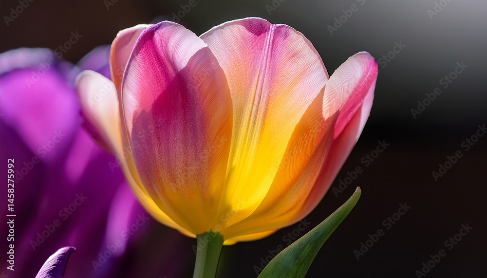 Fototapeta premium A close-up of a brightly colored tulip with vivid yellow, pink, and purple hues