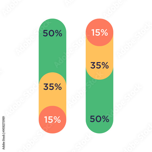 Financial infographic bar chart with 15, 35, and 50 percent values, business data visualization for report, growth, and analysis isolated on white background flat vector illustration.
