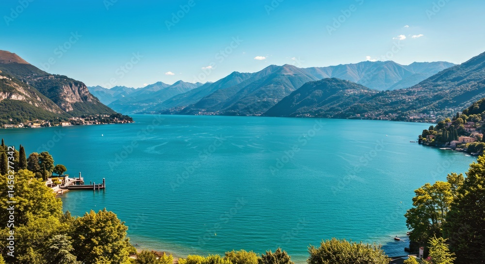 Fototapeta premium Breathtaking scenic view of Lake Como, Italy. Features transparent turquoise waters against the backdrop of the Italian Alps. Famous Lombardy travel destination.