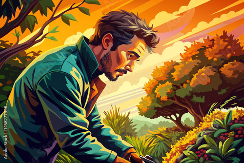 Handsome young male gardener trimming a green hedgerow in a sunny park setting, showcasing landscaping work, outdoor maintenance, and healthy lifestyle. Ideal for gardening, horticulture, outdoor care