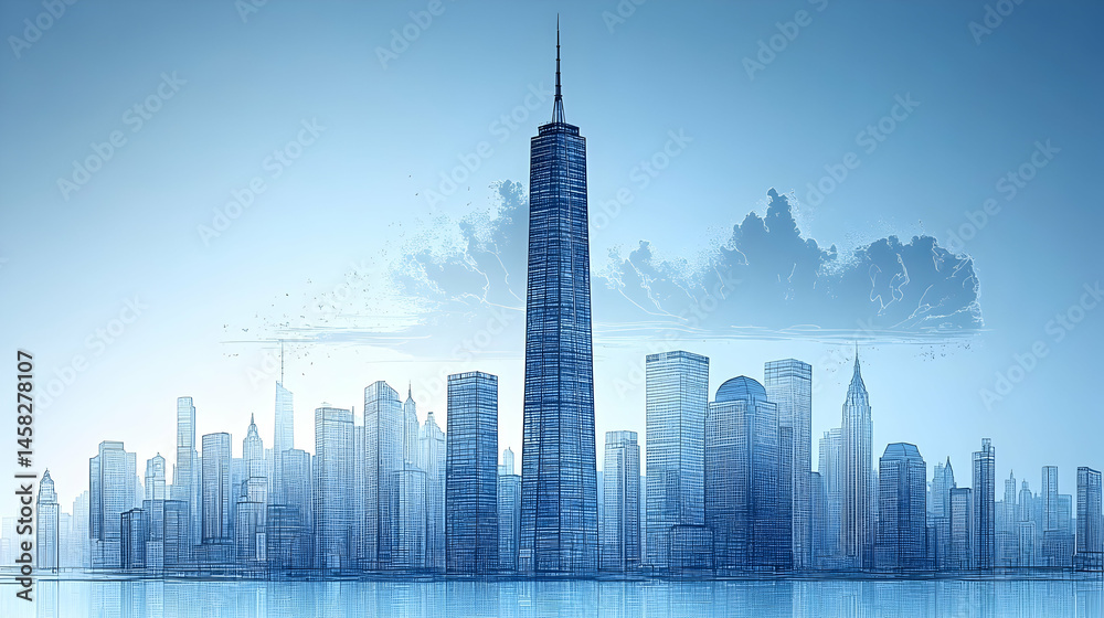 Obraz premium A majestic skyscraper dominates a serene cityscape, reflected in calm waters under a pale sky