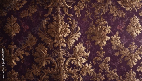 Luxurious floral wallpaper, regal damask pattern, rich jewel tones , gold, art, background