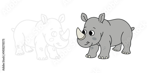 Simple flat black rhinoceros isolated on white background, rhino isolated on white background. For kids coloring book