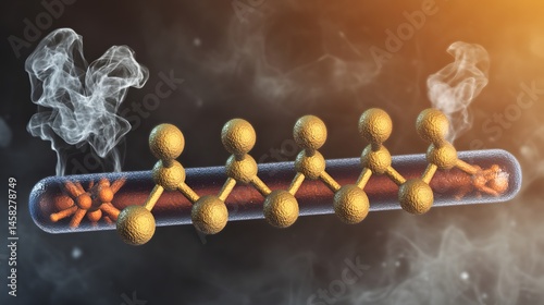 Molecular structure illustration with  chemical bonds and vapor.