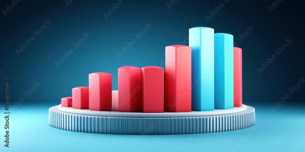 startup investment growth ecosystem concept. 3D bar graph with red and blue bars on a circular base. startup investment growth ecosystem concept. 3D bar graph with red and blue bars on a circular base.