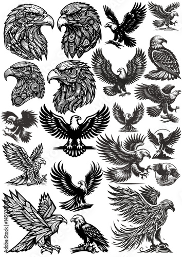 Hand drawn eagle head emblem set. Mascot bird collection. Predator logo illustration isolated on white.