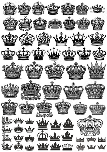 Royal crowns silhouette icons. Queen tiara and King crown, majestic corona authority and premium pictograms. Royalty and luxury stencil vector symbols set.