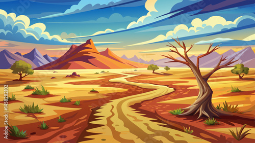 A lone dirt path cuts through the silence of an empty, wind-blown plain