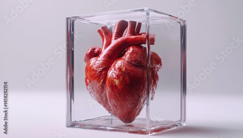Human heart encased in a clear glass box