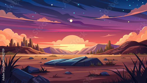 The plain lies silent beneath a glowing dusk sky, not a sound in the warm air